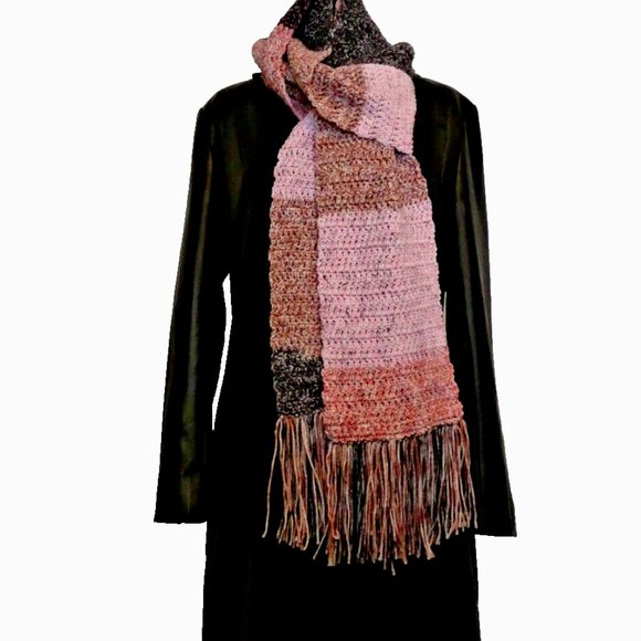 Pink Black Handmade Scarf 108" x 7" Crochet Knit Winter Warm Long Christmas Gift - Picture 2 of 6